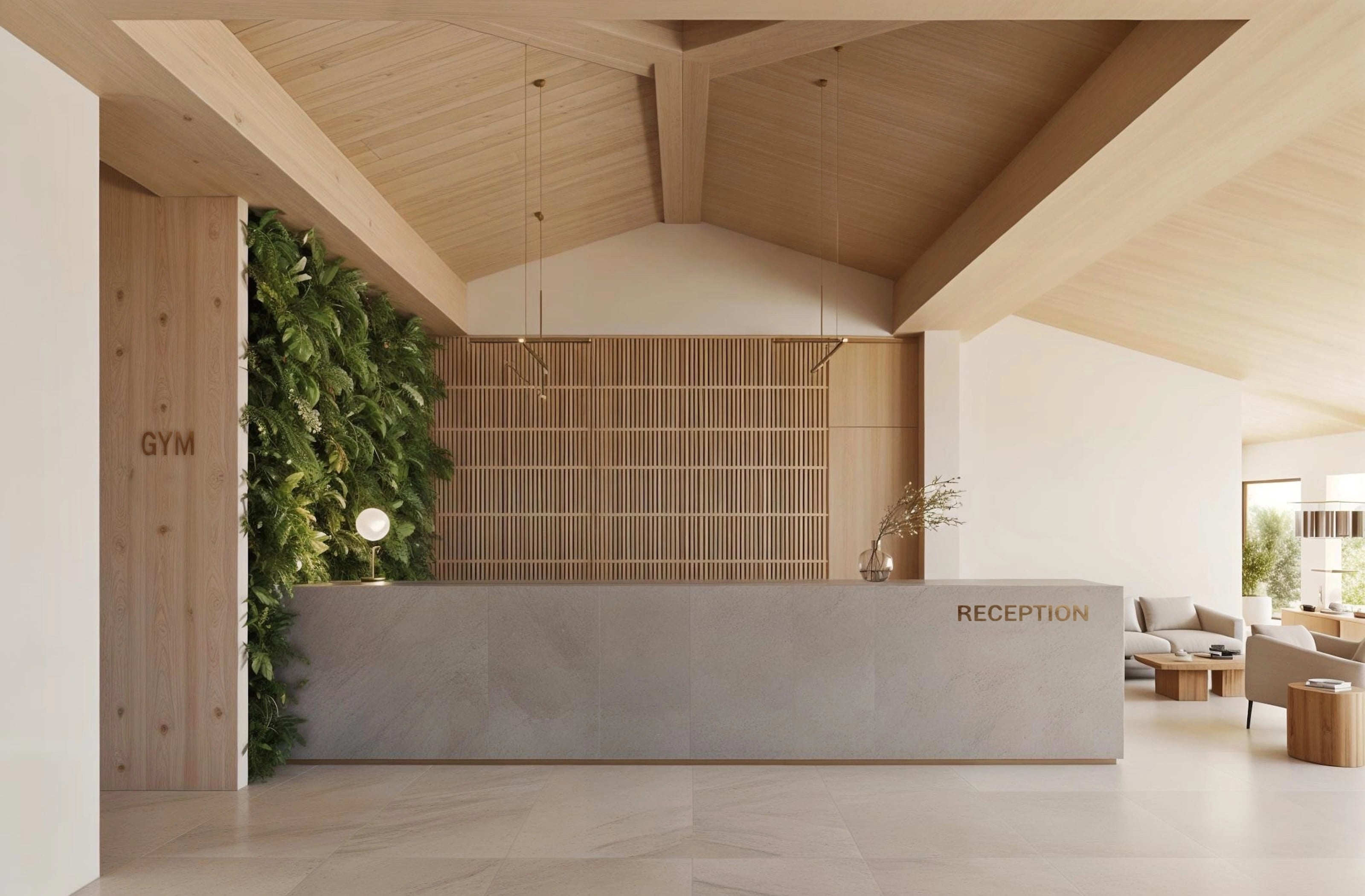 Pelícanos — renovación de diseño de interiores contemporáneo de espacios de recepción y gimnasio en Nayarit.