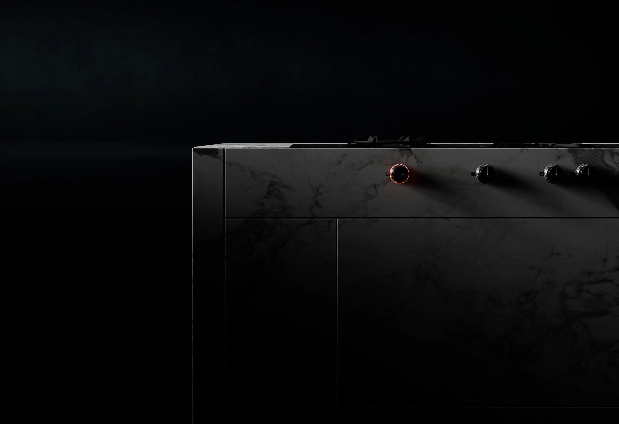 Cocina Intersect — render 3D fotorrealista de concepto de isla monolítica de mármol Arabescato Corchia.